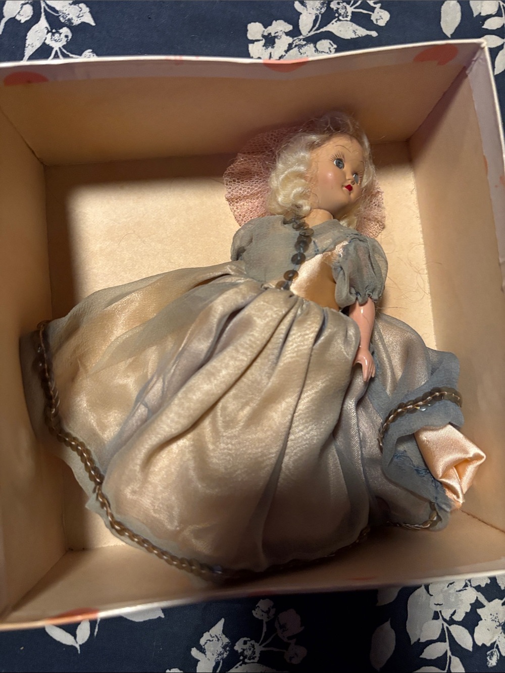 Vintage Porcelain Doll in Blue and Cream Dress